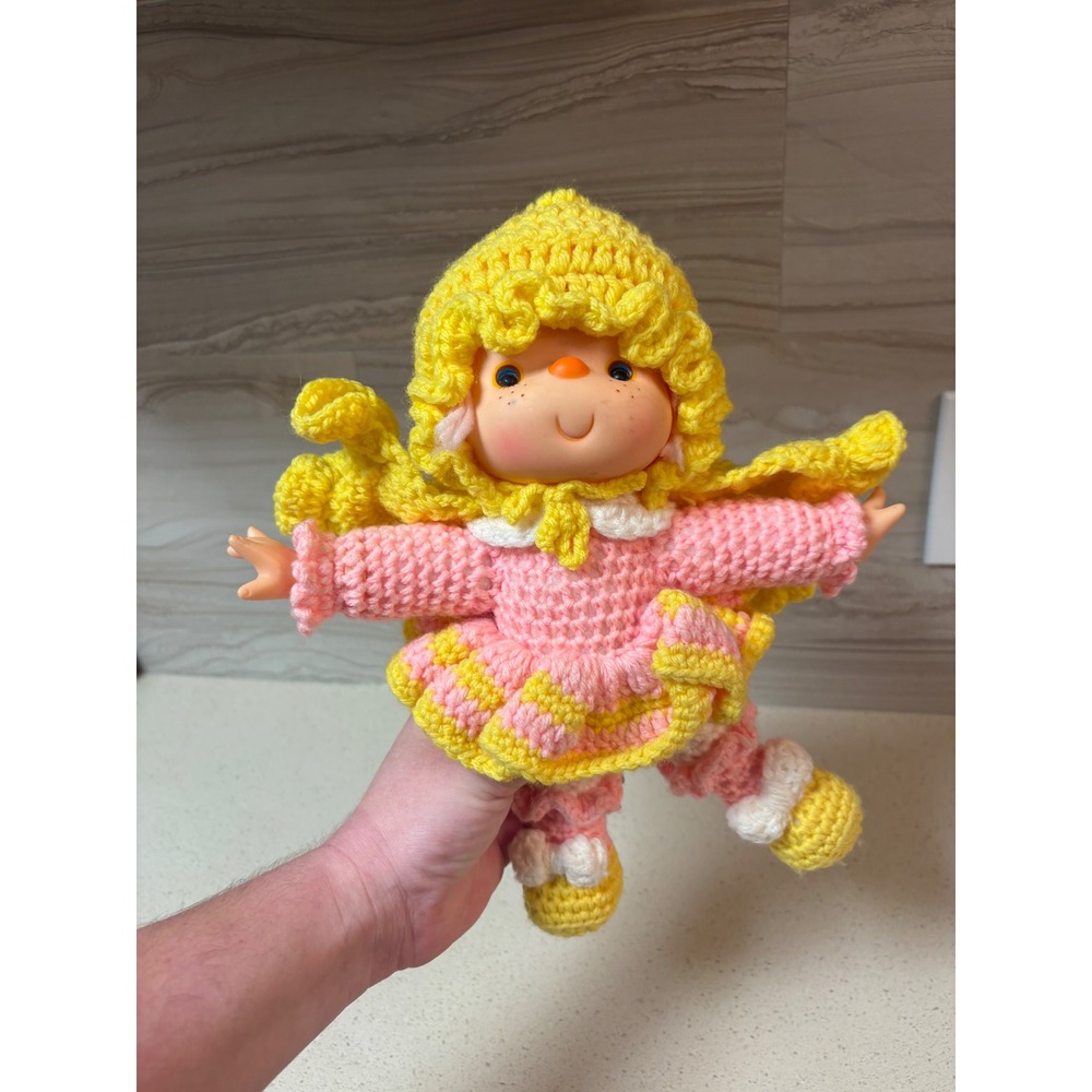 Vintage Handmade Crochet Doll Pink Yellow Ruffled Dress Vinyl Face Collectible